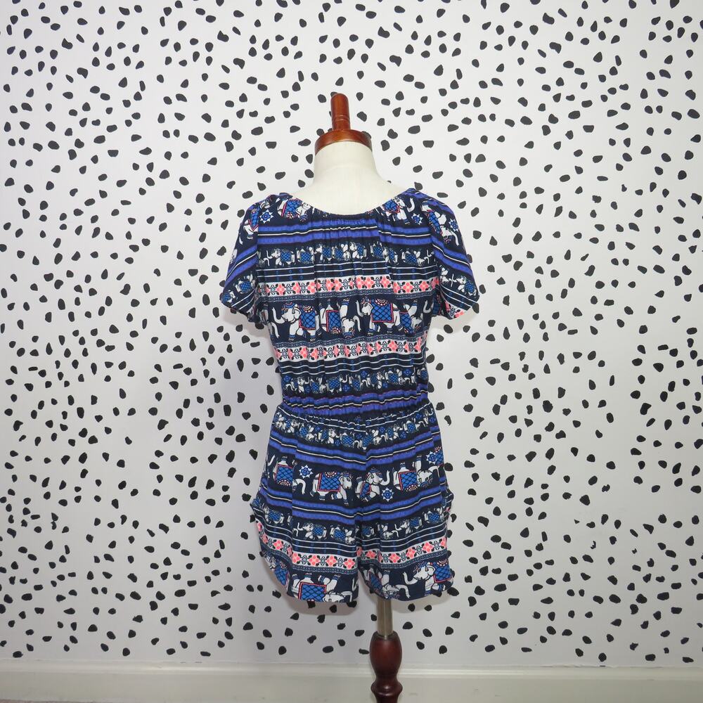 Heart + Arrow Blue Elephant Print Crochet Trim Girls Romper - Picture 3 of 6